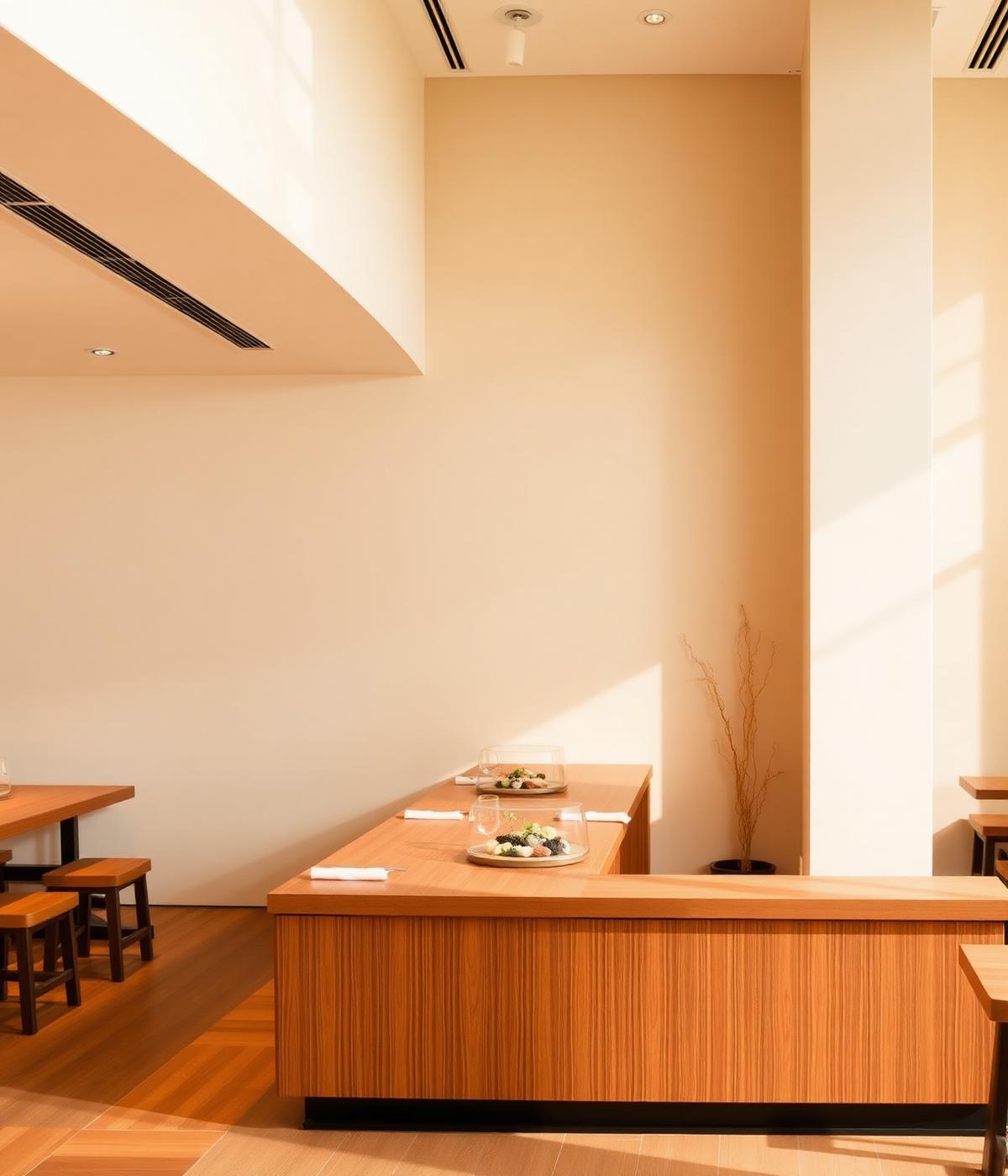 Interior minimalista do restaurante com balcão de madeira